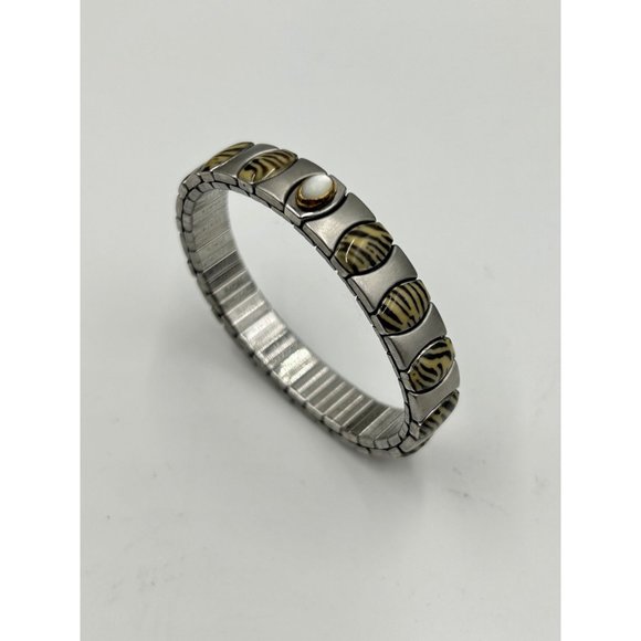 Italian Dolceoro Vintage Stretch Bracelet Elastic Stainless Steel w/ Gold Accent - Picture 2 of 7